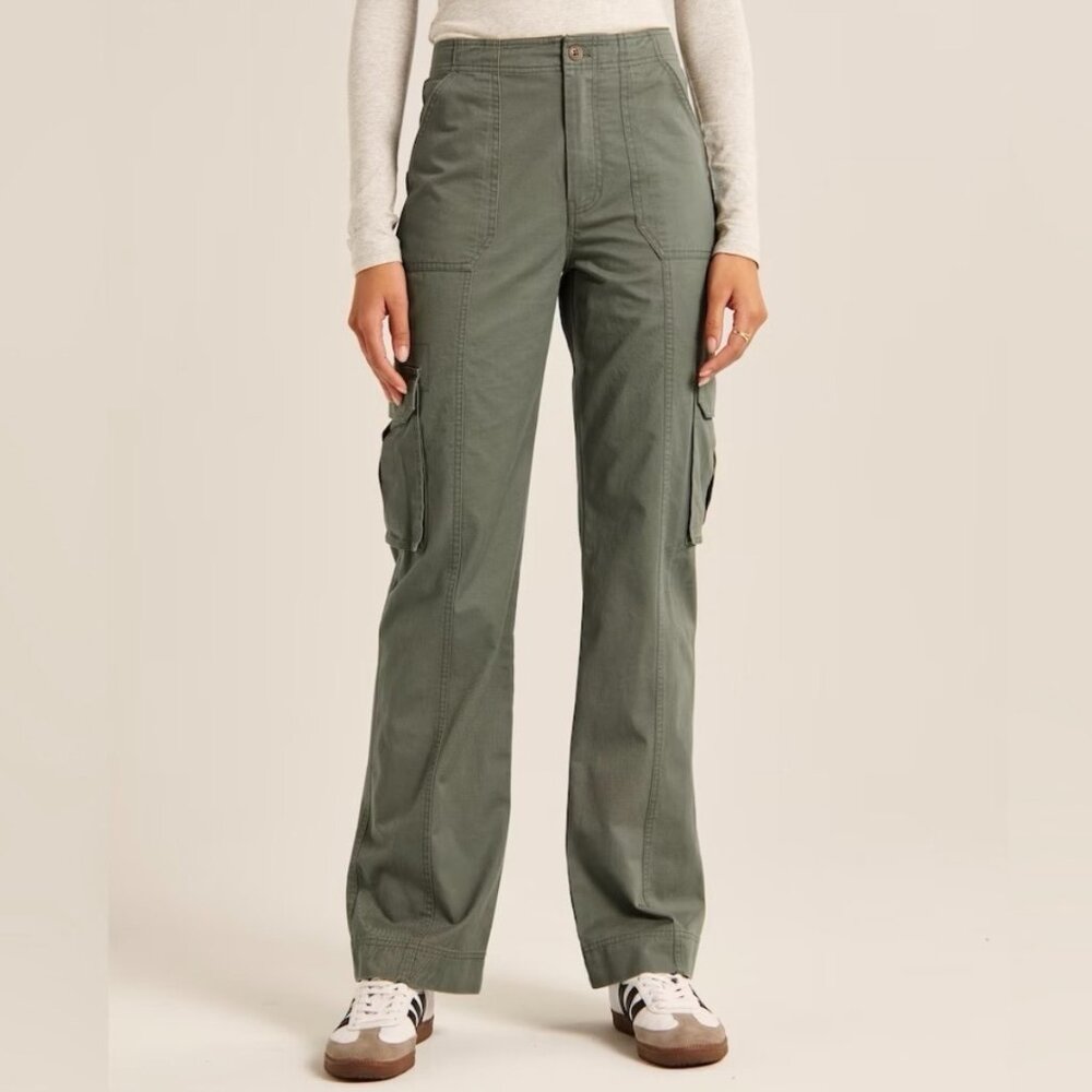 Abercrombie Relaxed Cargo‎ Pants Wide Leg Baggy Grunge High Rise Olive Green 25 - Picture 2 of 11